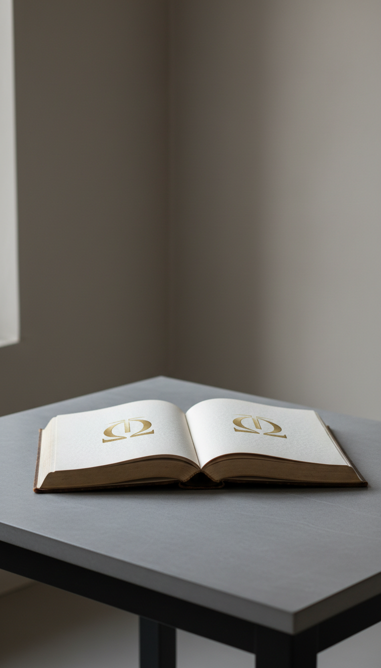 A finely crafted open book with ivory pages featuring a single, subtle golden symbol in the center, resting atop a minimalist slate-gray stone table. The setting is an uncluttered room with smooth, muted walls and a sleek matte finish—no extraneous objects in sight. Gentle diffused overcast light streams in from an unseen source, caressing the book’s pages and casting soft, elegant shadows. The mood is thoughtful and serene, the minimal composition captured from a slightly elevated angle with crisp focus on the book, background delicately blurred. The overall style emphasizes photographic realism and understated sophistication, evoking the quiet pursuit of philosophy and rational contemplation.