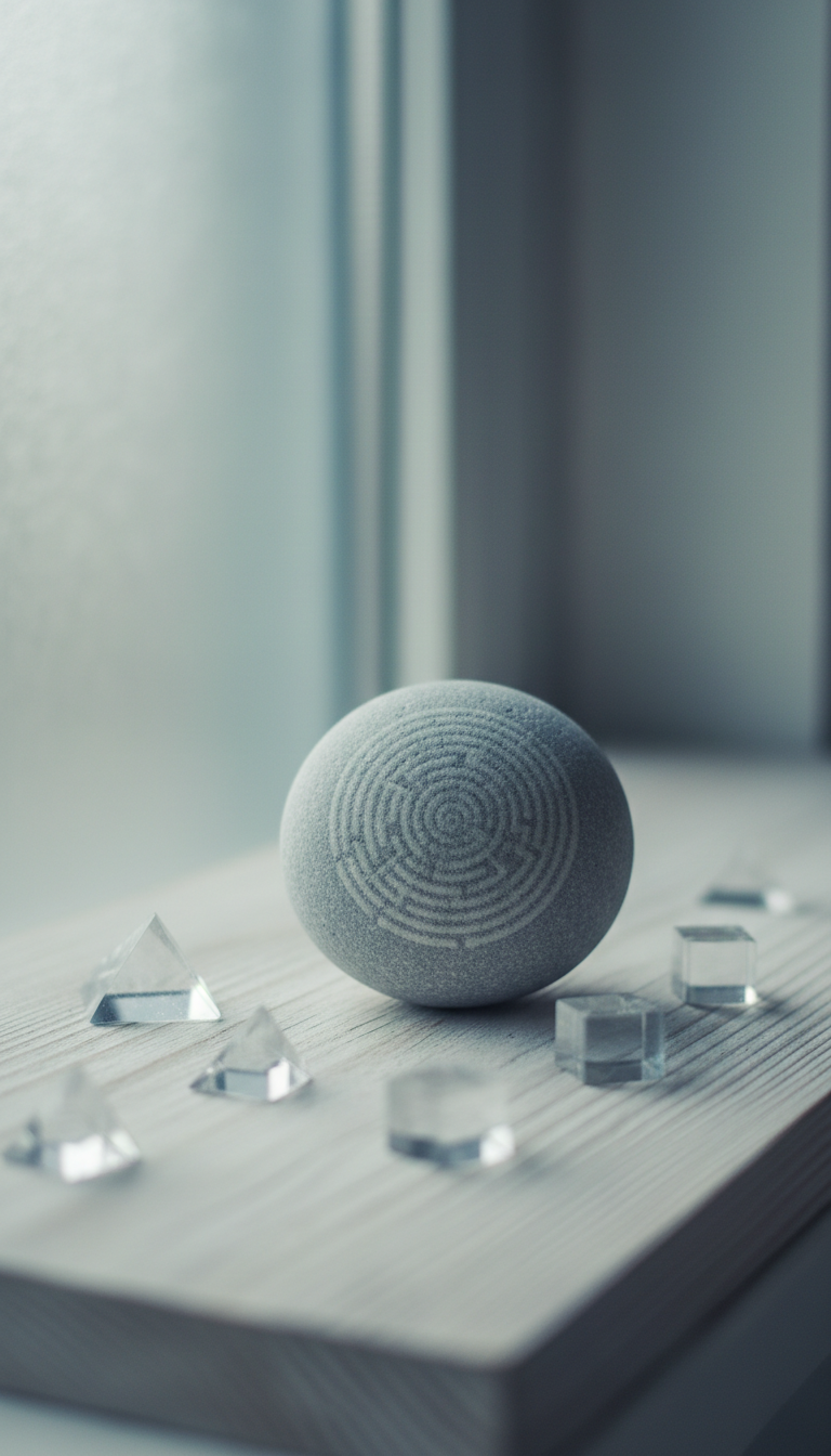 A perfectly round, smooth river stone with a faint labyrinthine pattern etched into its surface lies centered on a flat, pale wooden surface. Surrounding the stone are small, geometric glass prisms strewn deliberately yet sparingly, catching the soft, cool light from a nearby frosted window. The illumination creates subtle gradients across the scene, highlighting the textures while maintaining a calm and reflective tone. Shot from an eye-level perspective with shallow depth of field, the minimalist aesthetic and muted color palette evoke the complexity of conscious thought emerging from simplicity, in line with the search for life’s purpose.